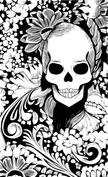 Kadın Şeker Kafatası Dövmeleri Çizimi Vektör Siyah Beyaz Şarjör — Stok Vektör