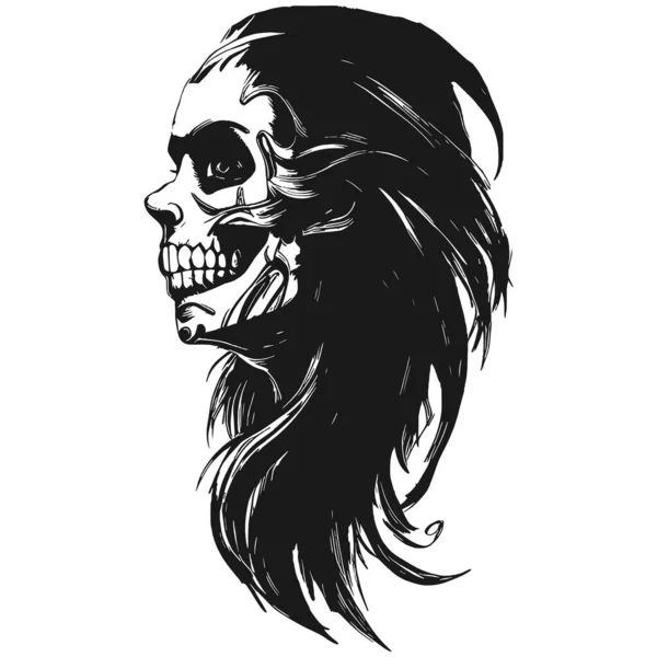 Cráneo Femenino Dibujado Mano Vector Negro Blanco Clip — Archivo Imágenes Vectoriales