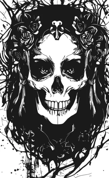 Cráneo Femenino Mano Delantera Dibujado Vector Negro Blanco Clip — Archivo Imágenes Vectoriales