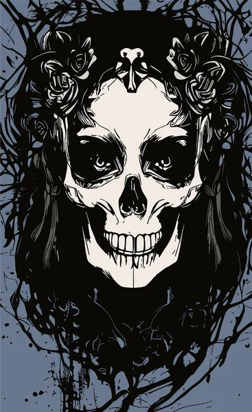 女性の頭蓋骨の入れ墨のデザイン手描きベクトルカラークリップAr — ストックベクタ