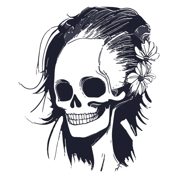 女性の頭蓋骨の入れ墨のデザイン手描きベクトル黒と白のクリップ — ストックベクタ
