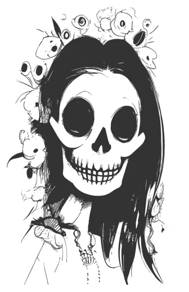 女性颅骨纹身手绘矢量黑白夹子 — 图库矢量图片