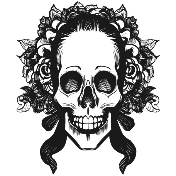 Femelle Crâne Tatouage Idées Main Dessiné Vecteur Noir Blanc Clip — Image vectorielle