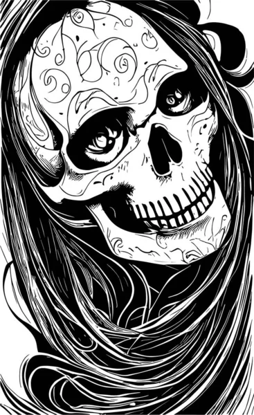 女性の頭蓋骨の入れ墨手描かれたベクトル黒と白のクリップ — ストックベクタ