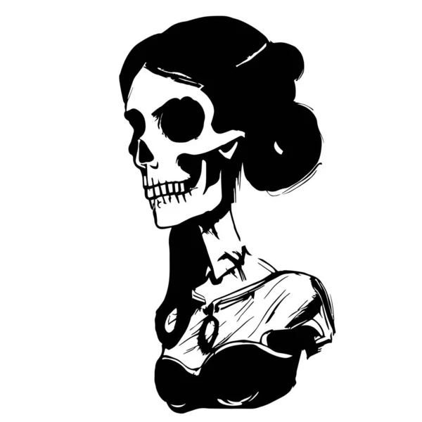 女性のユニークな頭蓋骨の入れ墨手描かれたベクトル黒と白のクリップ — ストックベクタ