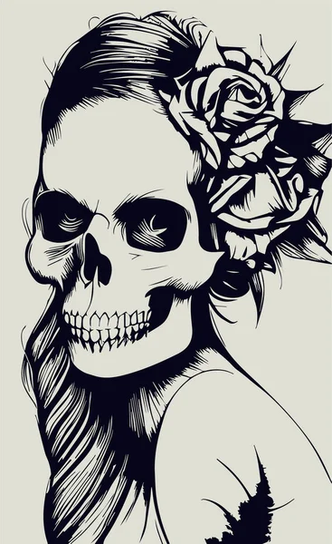 女性の女の子の頭蓋骨の入れ墨手描かれたベクトル黒と白のクリップAr — ストックベクタ