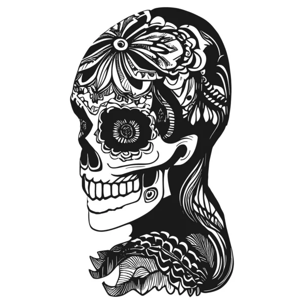 女性のレースシュガー頭蓋骨の入れ墨手描かれたベクトル黒と白のクリップ — ストックベクタ