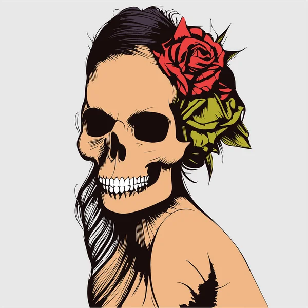 女性の頭蓋骨と花の手描かれたベクトルカラークリップ — ストックベクタ