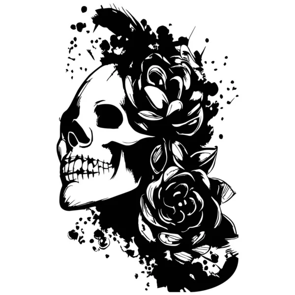 女性の頭蓋骨と花の入れ墨手描かれたベクトル黒と白のクリップ — ストックベクタ