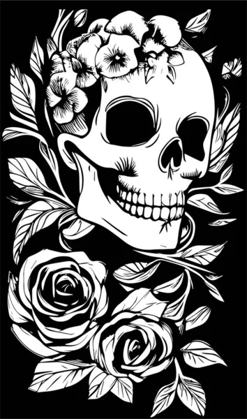 Feminine Skull Roses Wallpaper Hand Drawn Vector Black White Clip — Stock Vector