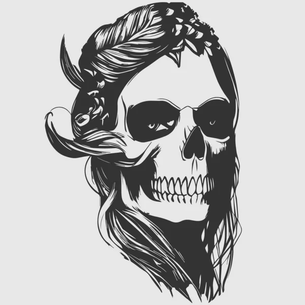 女性の頭蓋骨の入れ墨手描かれたベクトル黒と白のクリップAr — ストックベクタ