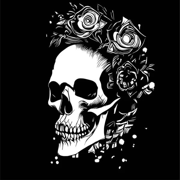 Feminine Skull Roses Hand Drawn Black White Vector Clip Art — Stock Vector