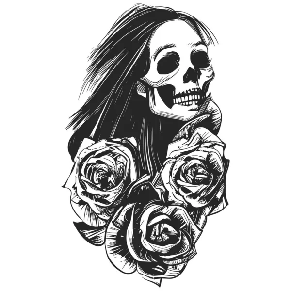 Crâne Féminin Avec Des Roses Dessiné Main Vecteur Noir Blanc — Image vectorielle