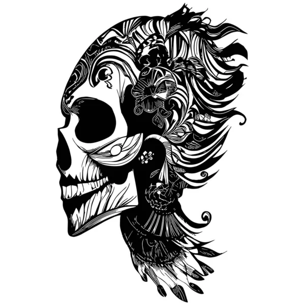 女性の砂糖の頭蓋骨の女の子の入れ墨手描かれたベクトル黒と白のクリップ — ストックベクタ