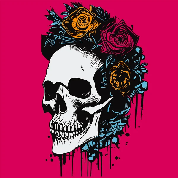 Feminine Skull Roses Hand Drawn Vector Colored Clip — Stock Vector