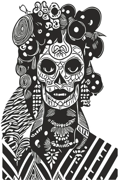 女性の砂糖の頭蓋骨の壁紙手描きベクトル黒と白のクリップ — ストックベクタ