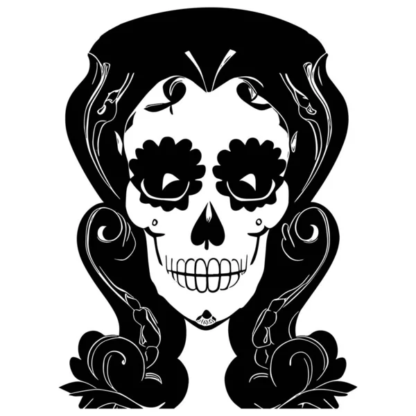 Femenino Vintage Azúcar Cráneo Tatuaje Mano Dibujado Vector Negro Blanco — Vector de stock
