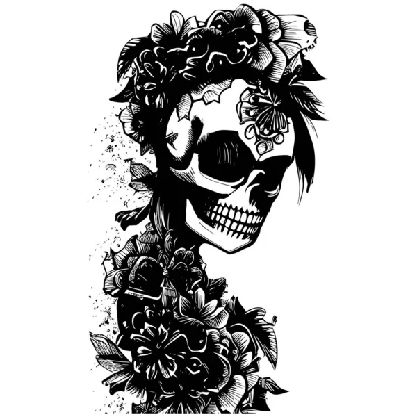 Lebka Růže Tetování Pro Ženy Ručně Kreslené Vektor Černá Bílá — Stockový vektor