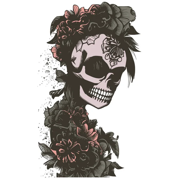 Skull Female Tattoos Hand Drawn Vector Colored Clip — Stock Vector