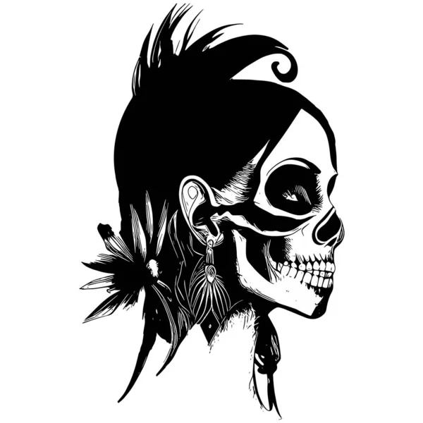 Kafatası Dövmeleri Kadın Çizimi Vektör Siyah Beyaz Klipsli — Stok Vektör