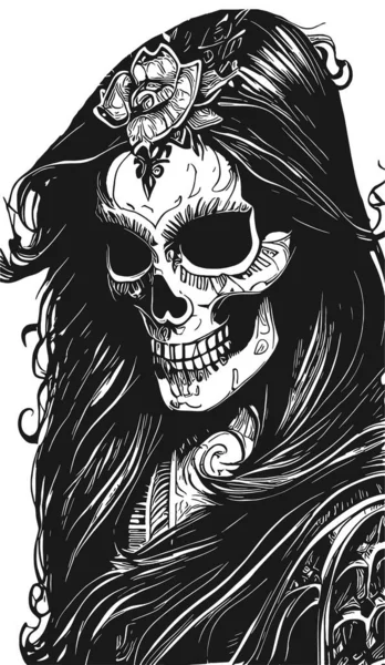 Cráneo Azúcar Dibujo Femenino Dibujado Mano Vector Negro Blanco Clip — Archivo Imágenes Vectoriales