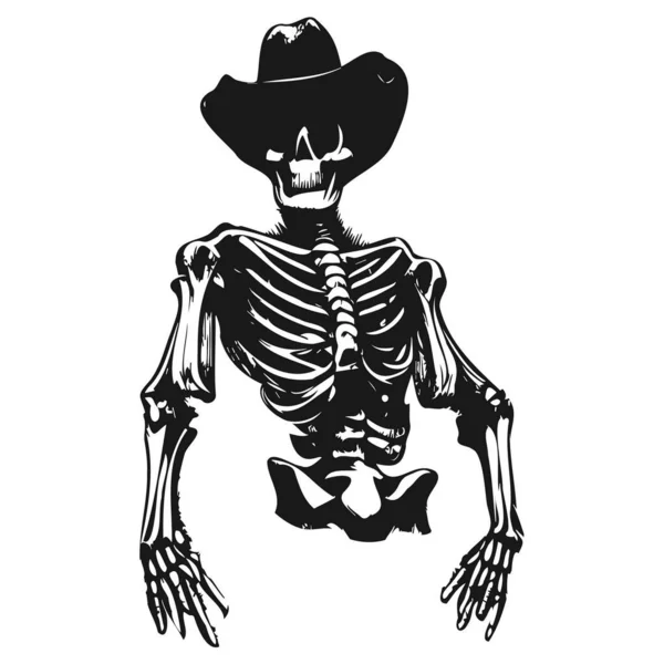 Cowboy Skeleton Tattoo Hand Drawn Vector Black White Clip — Stock Vector