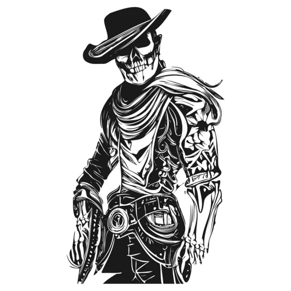 Kowbojski Szkielet Pistoletami Tatuaż Ręcznie Rysowane Wektor Czarny Biały Klip — Wektor stockowy