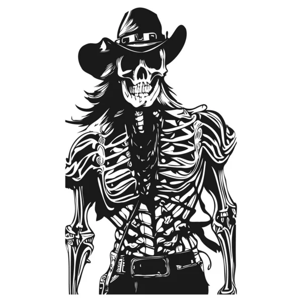 Cowboy Cranio Tatuaggio Disegnato Mano Vettore Clip Bianco Nero — Vettoriale Stock