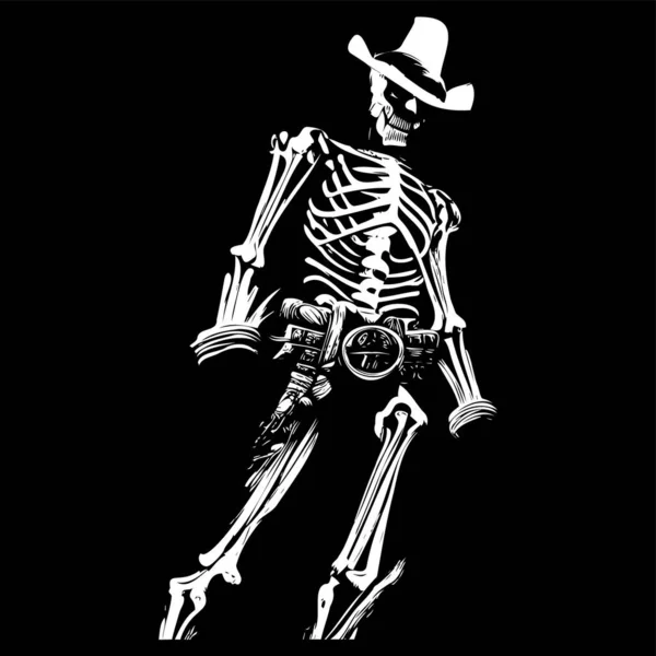 Funny Cowboy Skeleton Tattoo Hand Drawn Vector Black White Clip — Stock Vector
