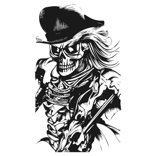 Evil Cowboy Skull Tattoo Hand Drawn Vector Black White Clip — Stock Vector