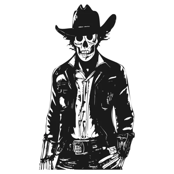 Outlaw Cowboy Schädel Zeichnung Tätowierung Handgezeichnet Vektor Schwarz Weiß Clip — Stockvektor