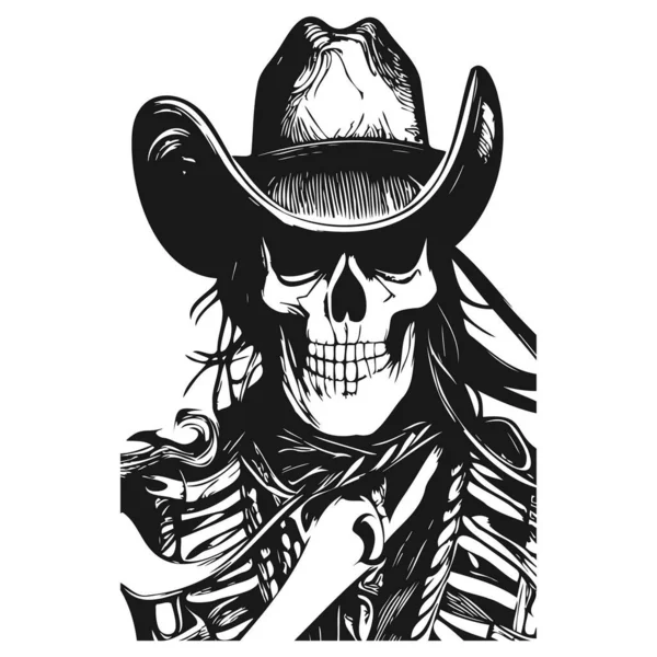 Outlaw Cowboy Totenkopf Tätowierung Hand Gezeichnet Vektor Schwarz Weiß Clip — Stockvektor
