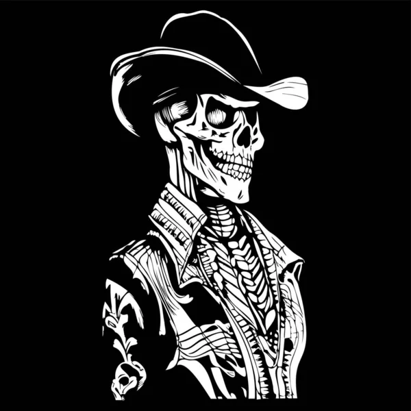 Outlaw Cowboy Skull Tattoo Hand Drawn Vector Black White Clip — Stock Vector