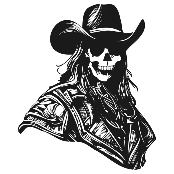 Cranio Cowboy Cappello Tatuaggio Disegnato Mano Vettore Clip Bianco Nero — Vettoriale Stock