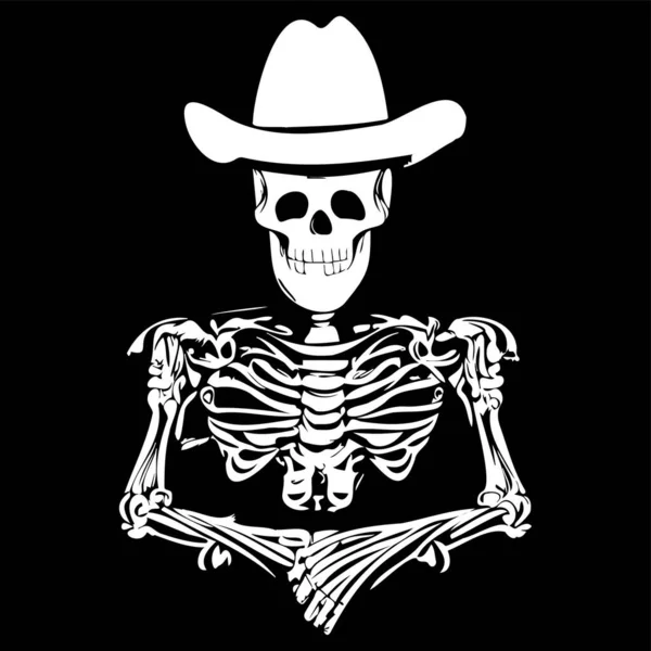 Skull Cowboy Hat Tattoo Hand Drawn Vector Black White Clip — Stock Vector