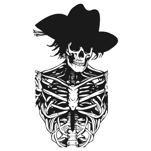 Teschio Con Cappello Cowboy Disegnato Mano Vettore Clip Bianco Nero — Vettoriale Stock