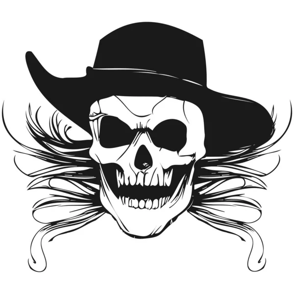 Tradizionale Cowboy Cranio Tatuaggio Disegnato Mano Vettore Clip Art Bianco — Vettoriale Stock