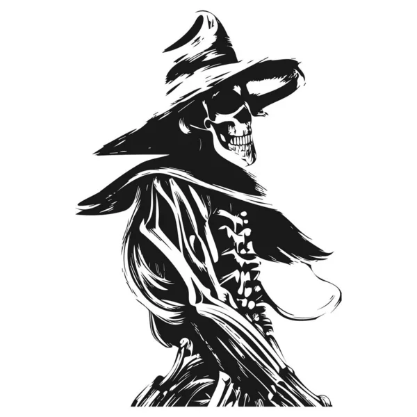 Західний Ковбойський Скелет Татуювання Рука Намальована Векторна Чорно Біла Кліпса — стоковий вектор