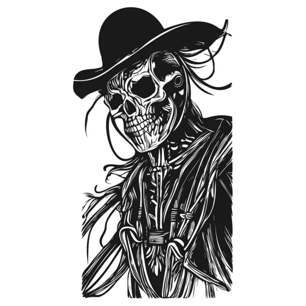 Western Cowboy Totenkopf Tätowierung Handgezeichnet Vektor Schwarz Weiß Clip — Stockvektor