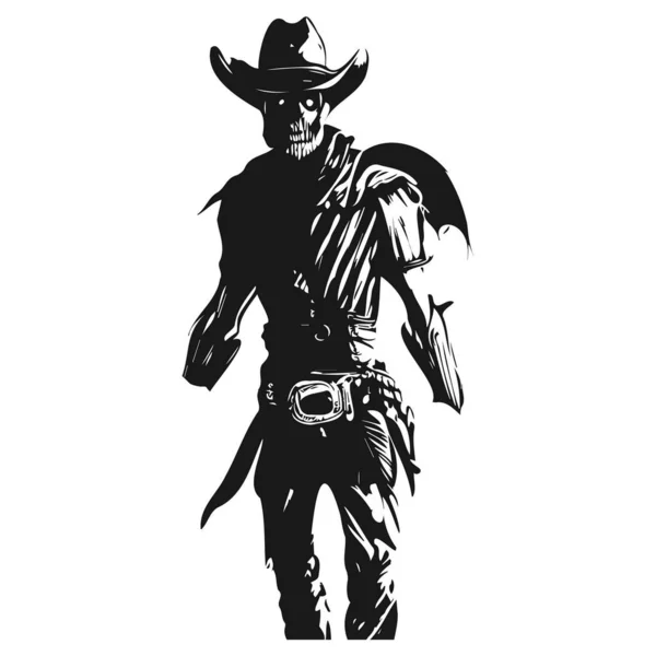 Badass Cowboy Skelett Tatuering Hand Dras Vektor Svart Och Vitt — Stock vektor