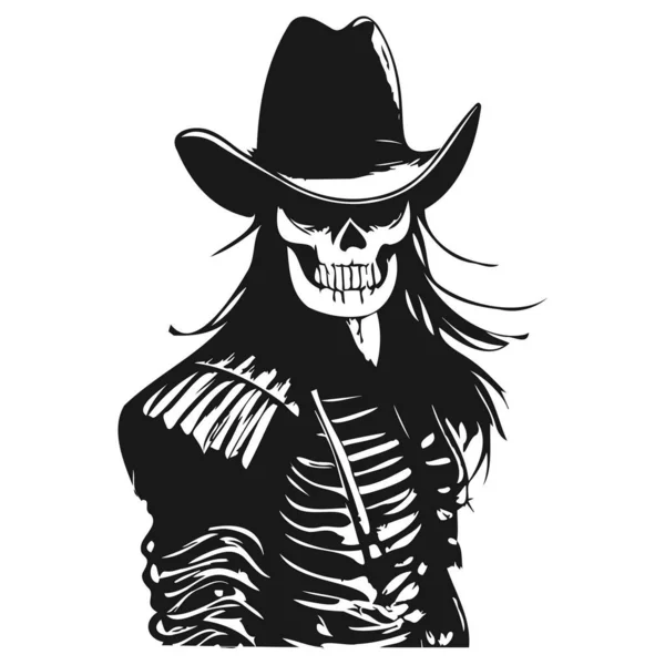 Badass Cowboy Skull Tattoo Hand Drawn Vector Black White Clip — Stock Vector