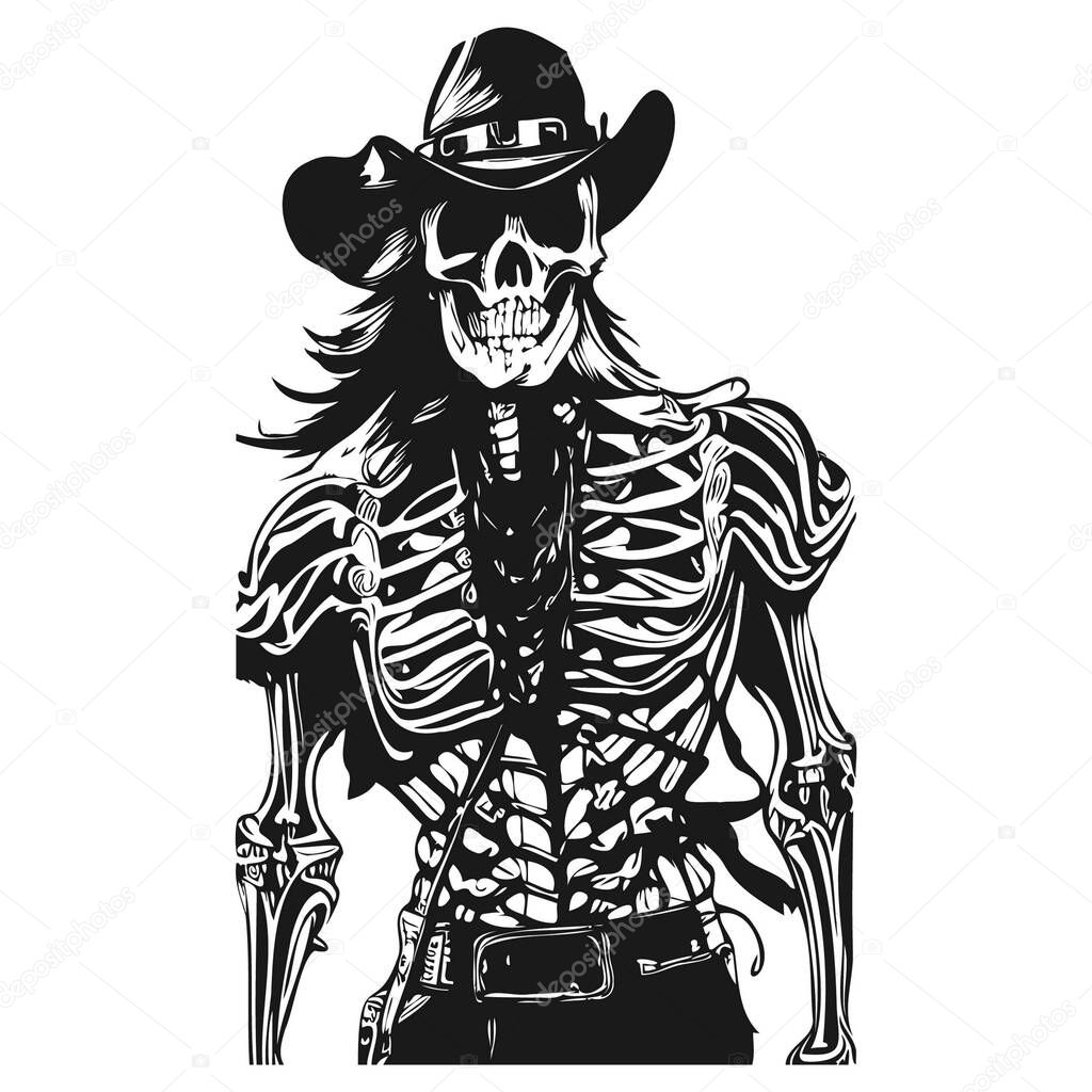 Cowboy skull tattoo hand drawn vector black and white clip ar