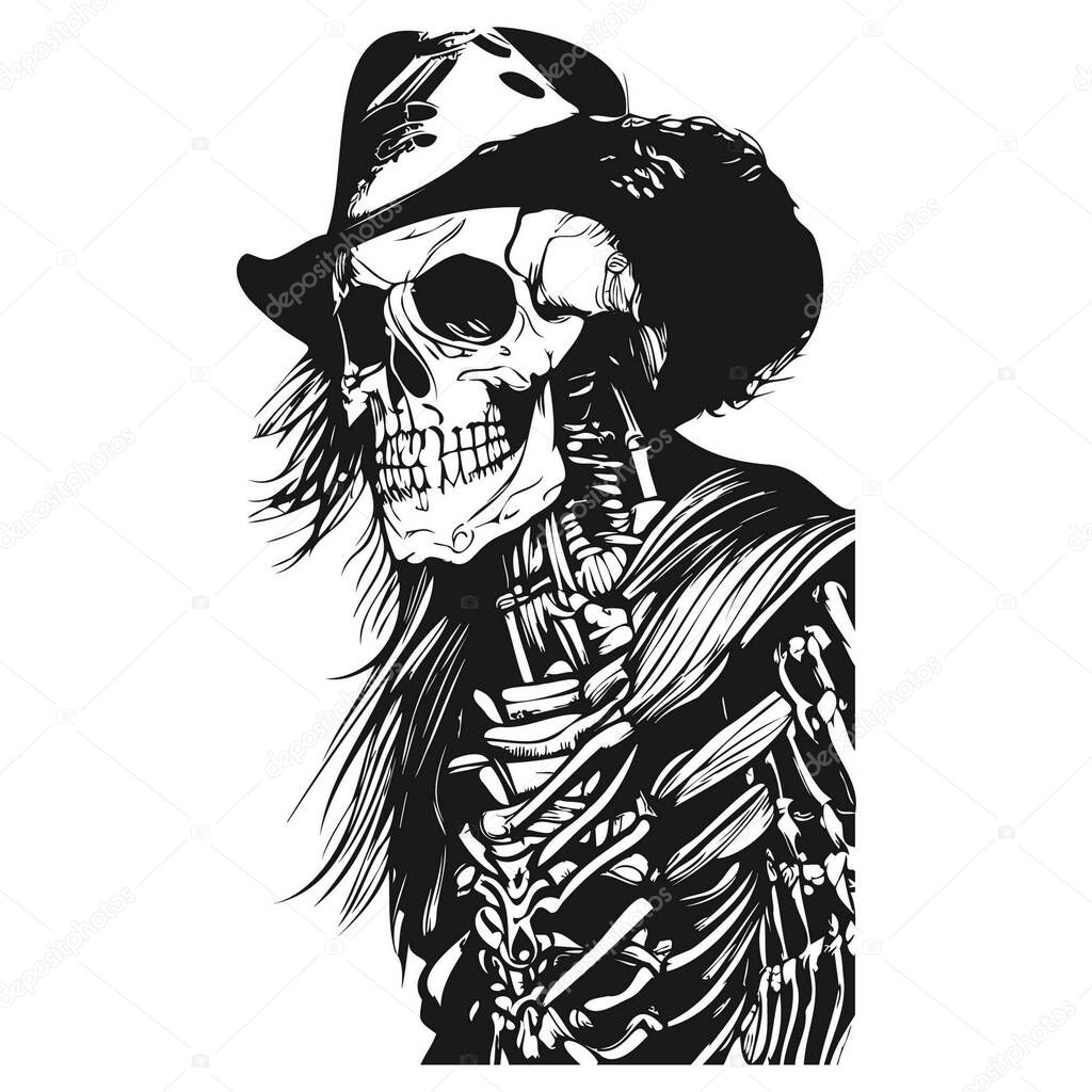 Cowboy skeleton in a hat tattoo hand drawn vector black and white clip ar