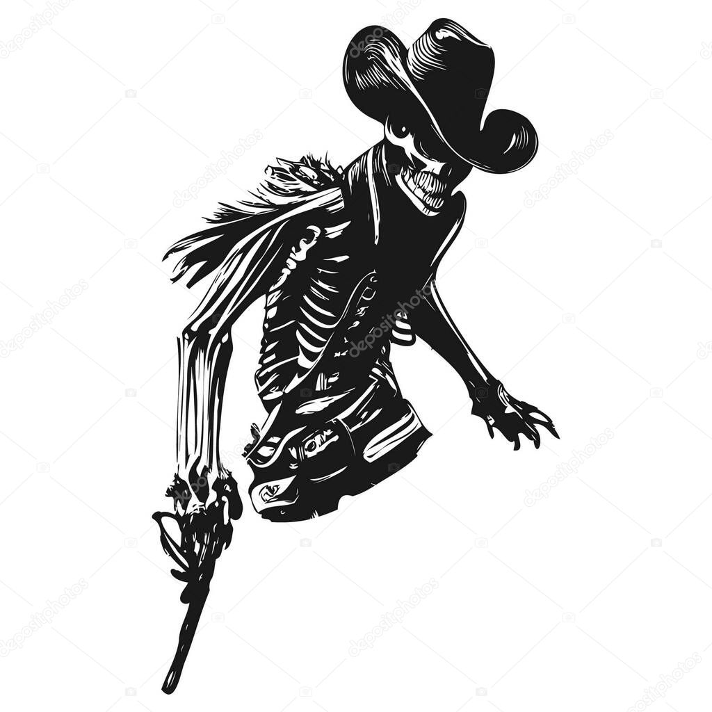 Cowboy skull with guns tattoo hand drawn vector black and white clip ar