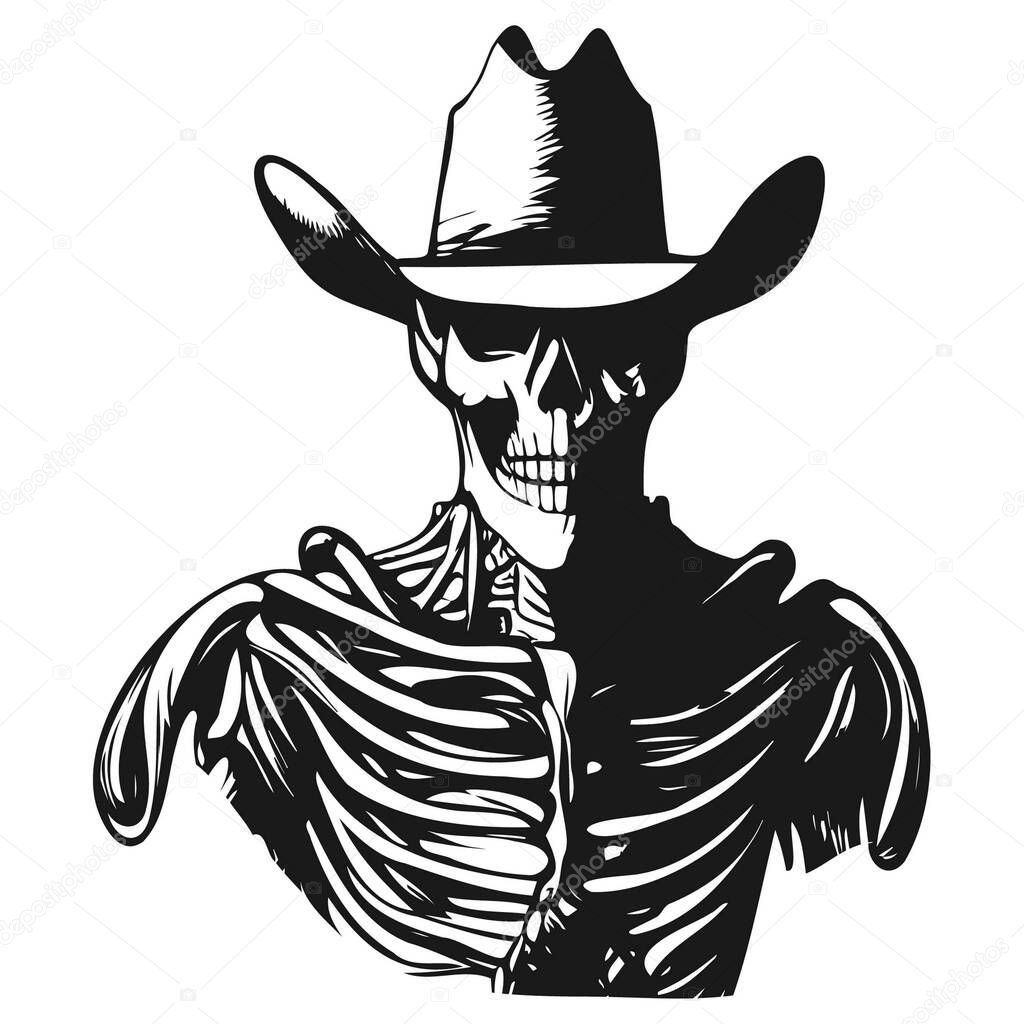 Cowboy skull hand drawn vector black and white clip ar