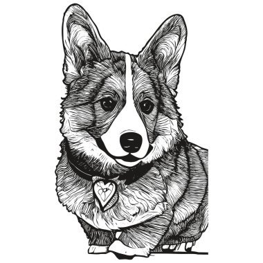 Pembroke Welsh Corgi siluet vektör portre el çizimi, siyah beyaz do