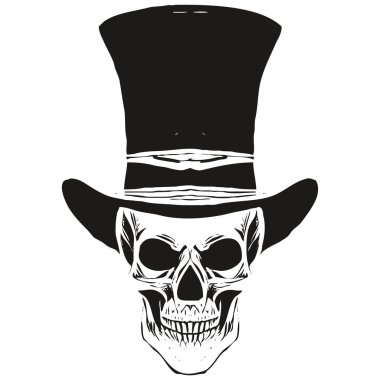 kafatası tophat resim vektör el çizimi, siyah ve beyaz şarjör ar