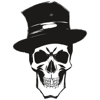 Kovboy şapkası dövmeli kafatası vektör eli çizilmiş, siyah beyaz şarjör ar