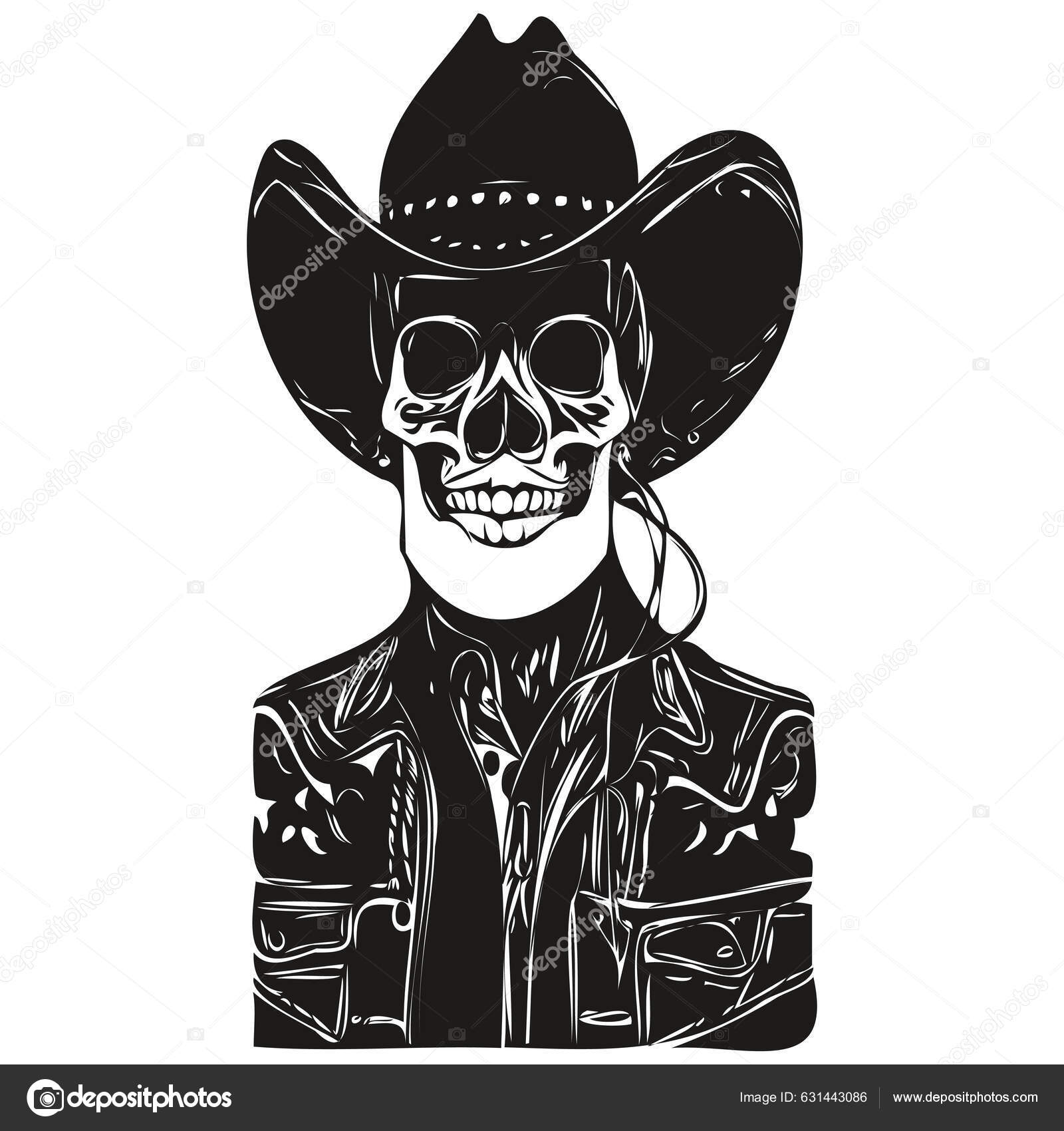 Cowboy Skulls Hand Drawing Skeleton Skull Cowboy Hat Black White Stock ...