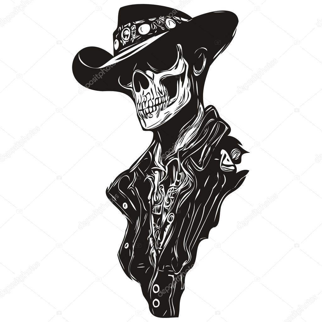 Cowboy skulls hand drawing, skeleton skull with cowboy hat  black and white line art